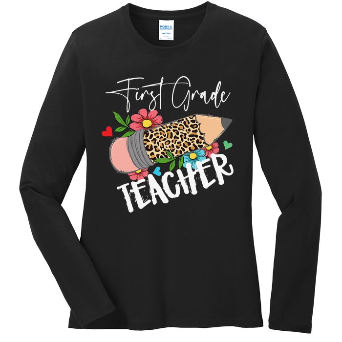 First Grade Teacher Leopard Pencil 1st Grade  Teacher Ladies Long Sleeve Shirt