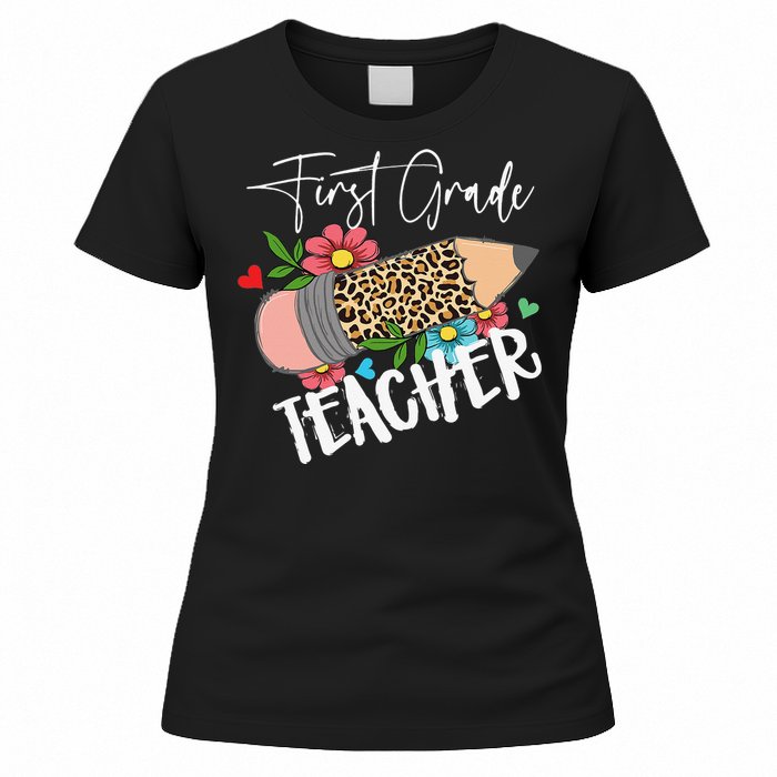 First Grade Teacher Leopard Pencil 1st Grade  Teacher Women's T-Shirt