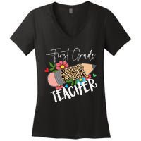 First Grade Teacher Leopard Pencil 1st Grade  Teacher Women's V-Neck T-Shirt