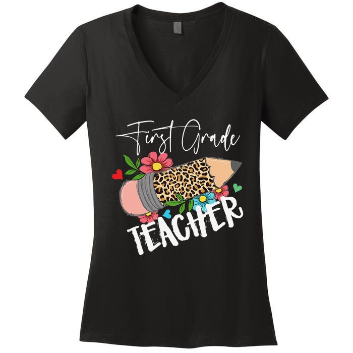 First Grade Teacher Leopard Pencil 1st Grade  Teacher Women's V-Neck T-Shirt