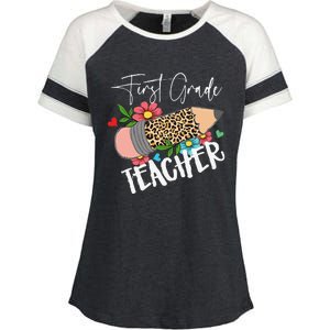 First Grade Teacher Leopard Pencil 1st Grade  Teacher Enza Ladies Jersey Colorblock Tee