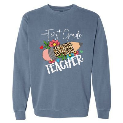 First Grade Teacher Leopard Pencil 1st Grade  Teacher Garment-Dyed Sweatshirt