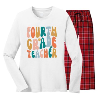 Fourth Grade Teacher Retro Groovy Design 4th Grade Teaching Women's Long Sleeve Flannel Pajama Set 