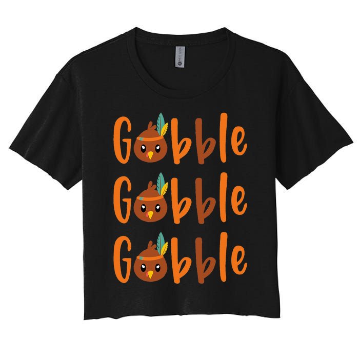 Funny Gobble Turkey Pilgrim Little Thanksgiving Women's Crop Top Tee