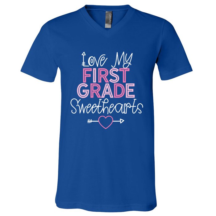 First Grade Teacher Valentines Day Cute Gift Love Sweethearts Gift V-Neck T-Shirt