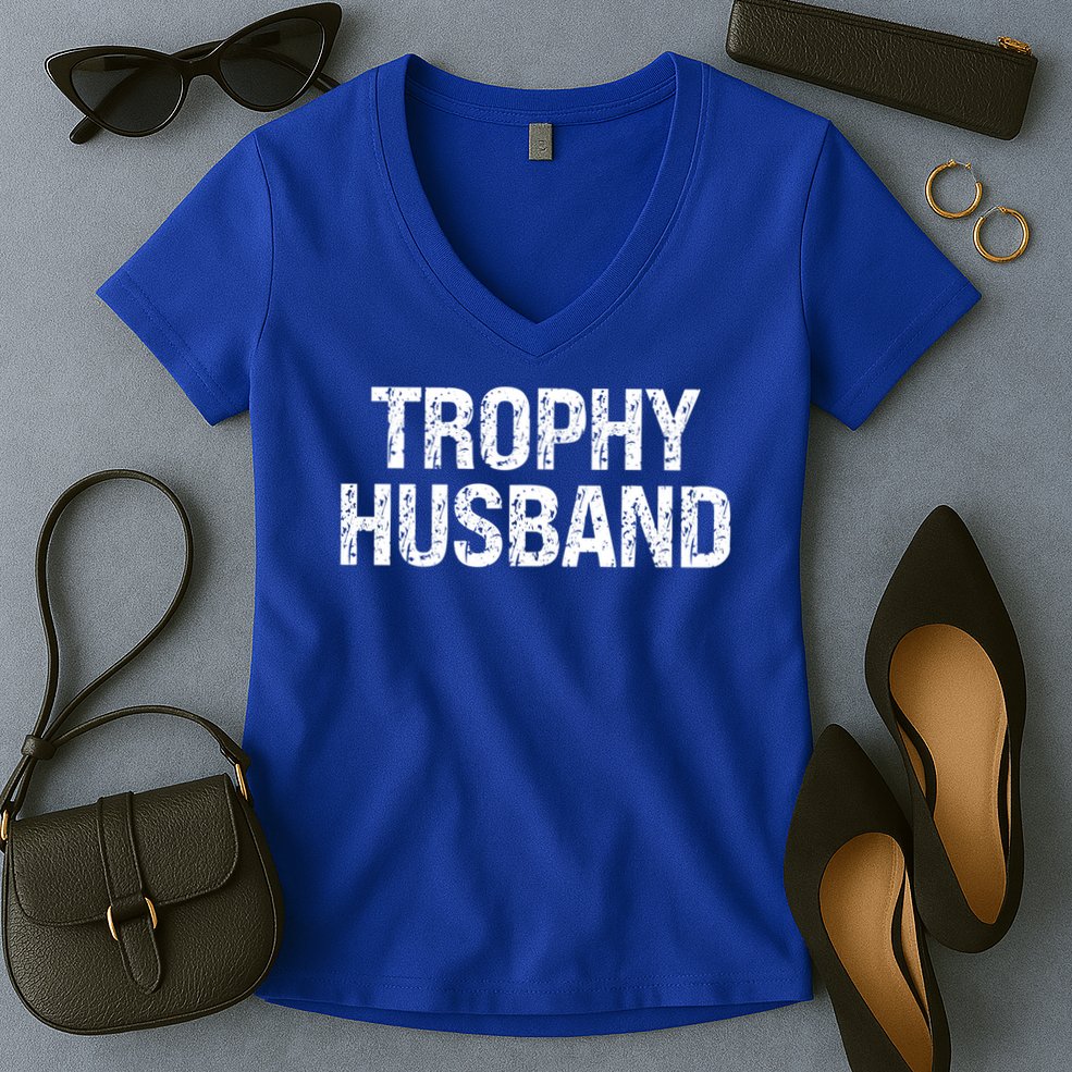 Funny Gift Trophy Husband Awesome Distressed Design Hubby Dad  Women's V-Neck T-Shirt