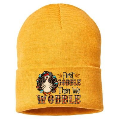 First Gobble Then We Wobble Turkey Thanksgiving Gift Sustainable Knit Beanie