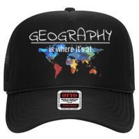 Funny Geography Teacher Earth Day Design Is Where It's At High Crown Mesh Back Trucker Hat