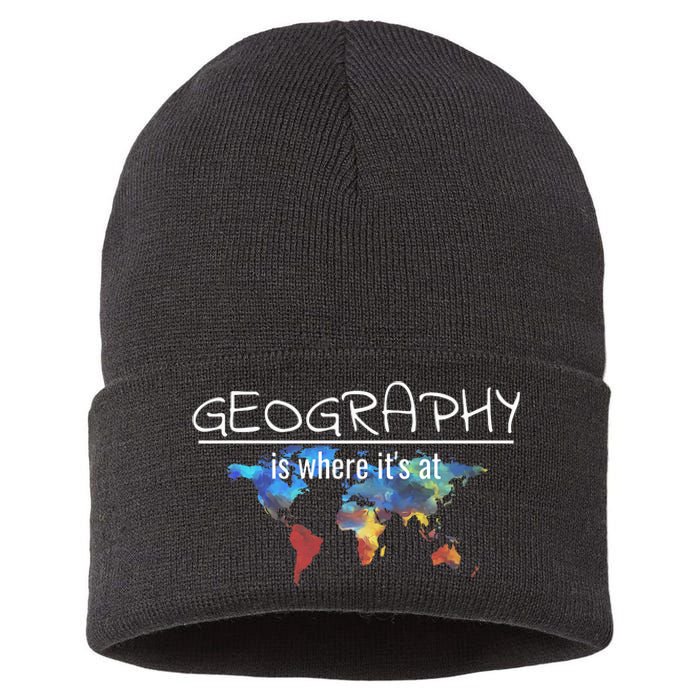 Funny Geography Teacher Earth Day Design Is Where It's At Sustainable Knit Beanie