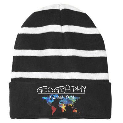 Funny Geography Teacher Earth Day Design Is Where It's At Striped Beanie with Solid Band