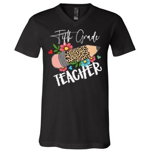 Fifth Grade Teacher Leopard Pencil 5th Grade  Teacher V-Neck T-Shirt