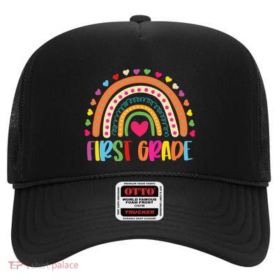 First Grade Teacher Back To School Teacher Life 1st Grade Rainbow High Crown Mesh Back Trucker Hat