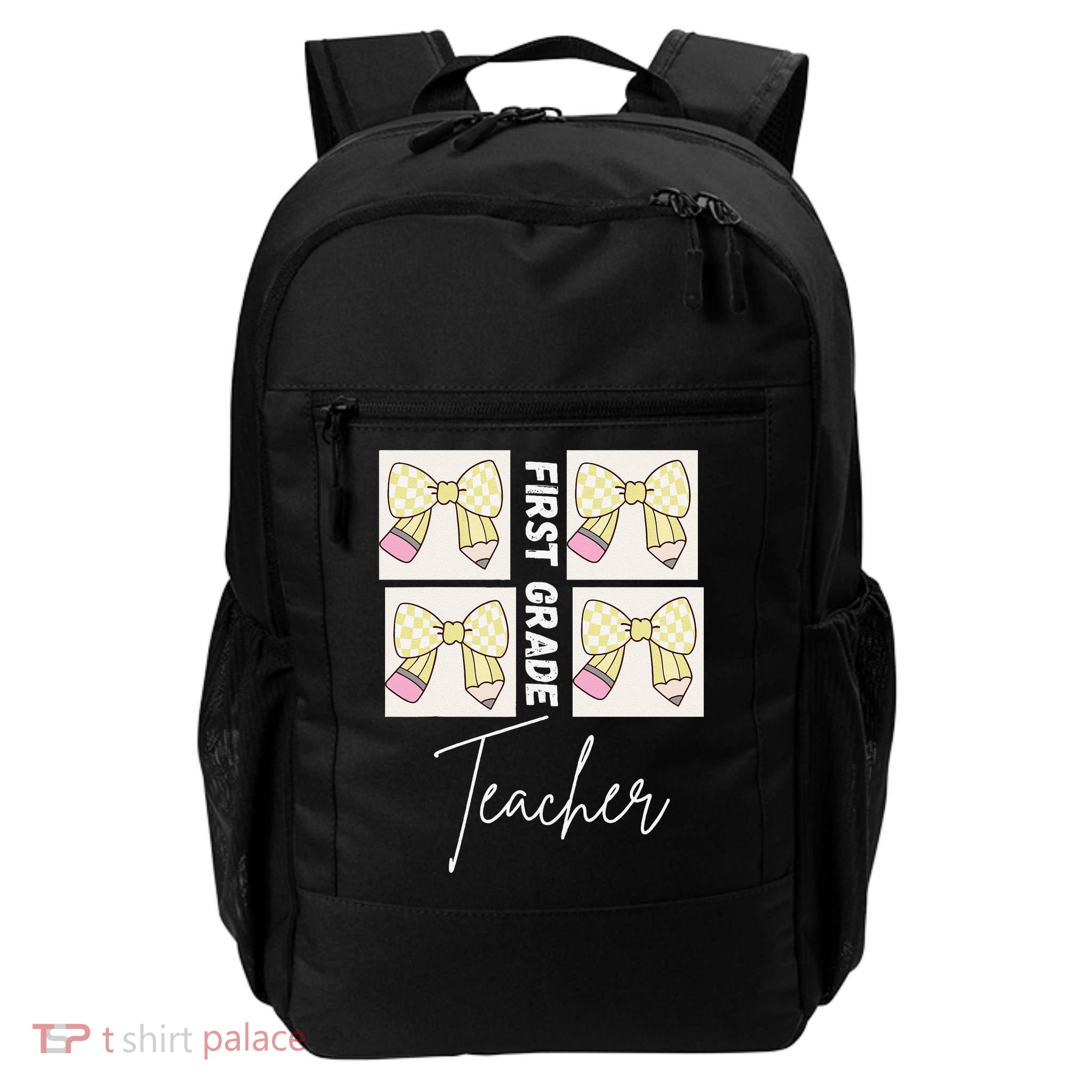 First Grade Teacher Checkered Grid Coquette Bow Daily Commute Backpack