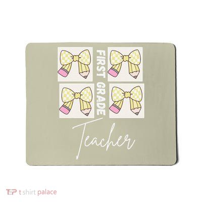 First Grade Teacher Checkered Grid Coquette Bow Mousepad