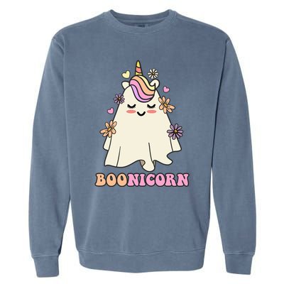 Floral Ghost Unicorn Boonicorn Rainbow Hair Groovy Halloween Gift Garment-Dyed Sweatshirt