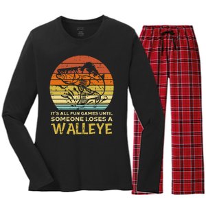 Fun Games Until Someone Loses Walleye Retro Ice Fishing Dad Women's Long Sleeve Flannel Pajama Set 