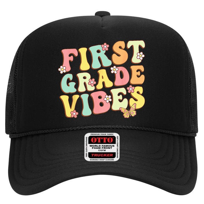 First Grade Vibes Hello Team 1st Grade Teacher Retro High Crown Mesh Back Trucker Hat