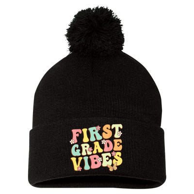 First Grade Vibes Hello Team 1st Grade Teacher Retro Pom Pom 12in Knit Beanie