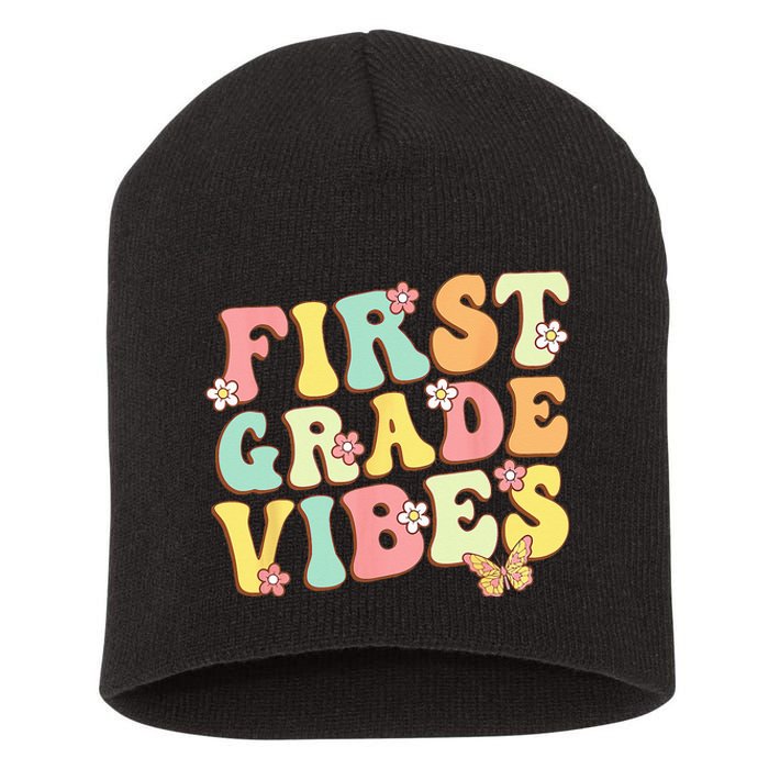 First Grade Vibes Hello Team 1st Grade Teacher Retro Short Acrylic Beanie