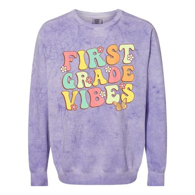 First Grade Vibes Hello Team 1st Grade Teacher Retro Colorblast Crewneck Sweatshirt