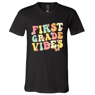 First Grade Vibes Hello Team 1st Grade Teacher Retro V-Neck T-Shirt