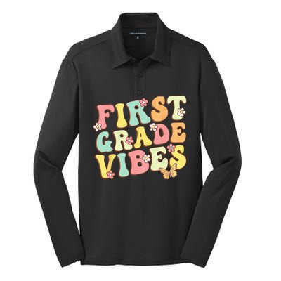 First Grade Vibes Hello Team 1st Grade Teacher Retro Silk Touch Performance Long Sleeve Polo