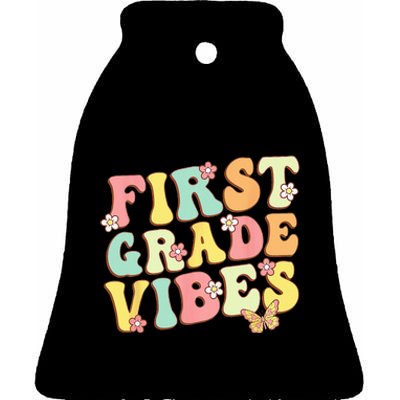 First Grade Vibes Hello Team 1st Grade Teacher Retro Ceramic Bell Ornament