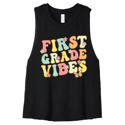 First Grade Vibes Hello Team 1st Grade Teacher Retro Women's Racerback Cropped Tank