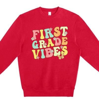 First Grade Vibes Hello Team 1st Grade Teacher Retro Premium Crewneck Sweatshirt