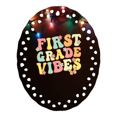 First Grade Vibes Hello Team 1st Grade Teacher Retro Ceramic Oval Ornament