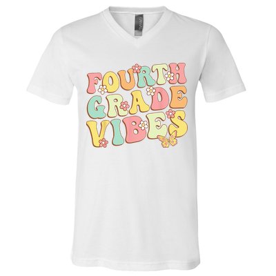 Fourth Grade Vibes Hello Team 4th Grade Teacher Kids Retro V-Neck T-Shirt