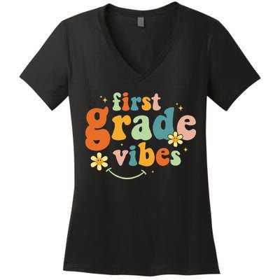 First Grade Vibes 1st Grade Team Retro 1st Day Of School Women's V-Neck T-Shirt