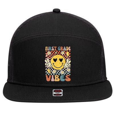 First Grade Vibes 1st Grade Retro Teacher 1st Day Of School 7 Panel Mesh Trucker Snapback Hat