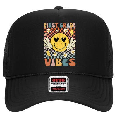 First Grade Vibes 1st Grade Retro Teacher 1st Day Of School High Crown Mesh Back Trucker Hat