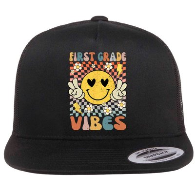 First Grade Vibes 1st Grade Retro Teacher 1st Day Of School Flat Bill Trucker Hat