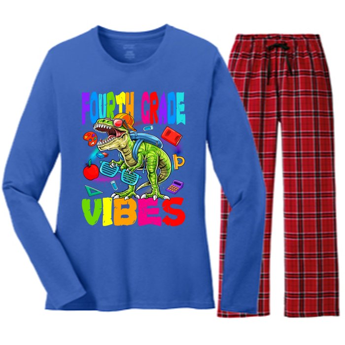 Fourth Grade Vibes Dinosaur Back To School Gift Women's Long Sleeve Flannel Pajama Set 