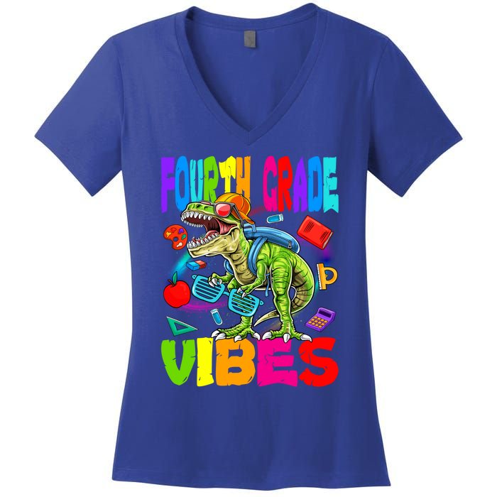 Fourth Grade Vibes Dinosaur Back To School Gift Women's V-Neck T-Shirt