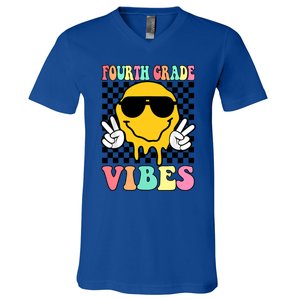 Fourth Grade Vibes Hippie Smile Face Peace Back To School Gift V-Neck T-Shirt