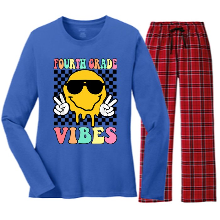 Fourth Grade Vibes Hippie Smile Face Peace Back To School Gift Women's Long Sleeve Flannel Pajama Set 