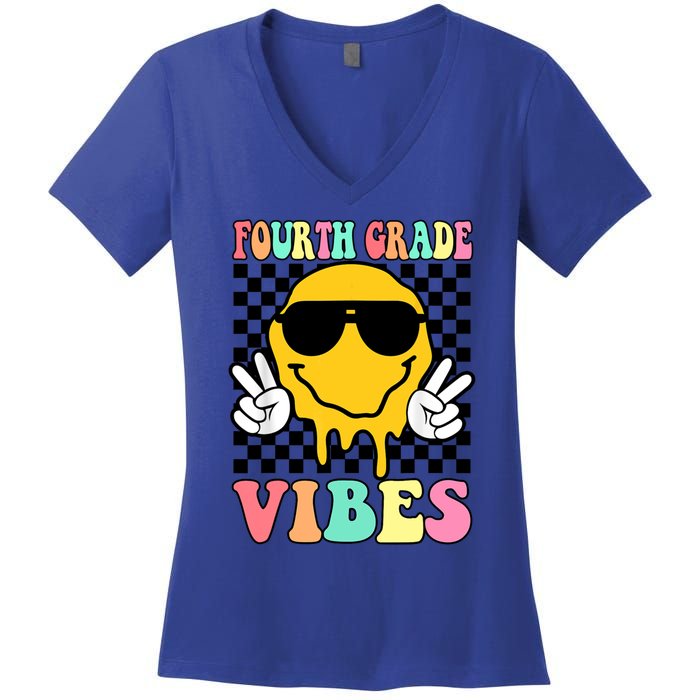 Fourth Grade Vibes Hippie Smile Face Peace Back To School Gift Women's V-Neck T-Shirt