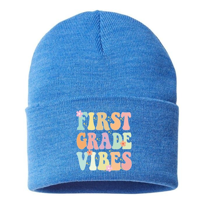 First Grade Vibes Retro Teacher 1St Grade Back To School Gift Sustainable Knit Beanie