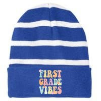 First Grade Vibes Retro Teacher 1St Grade Back To School Gift Striped Beanie with Solid Band