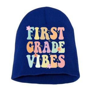 First Grade Vibes Retro Teacher 1St Grade Back To School Gift Short Acrylic Beanie