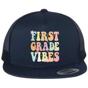 First Grade Vibes Retro Teacher 1St Grade Back To School Gift Flat Bill Trucker Hat