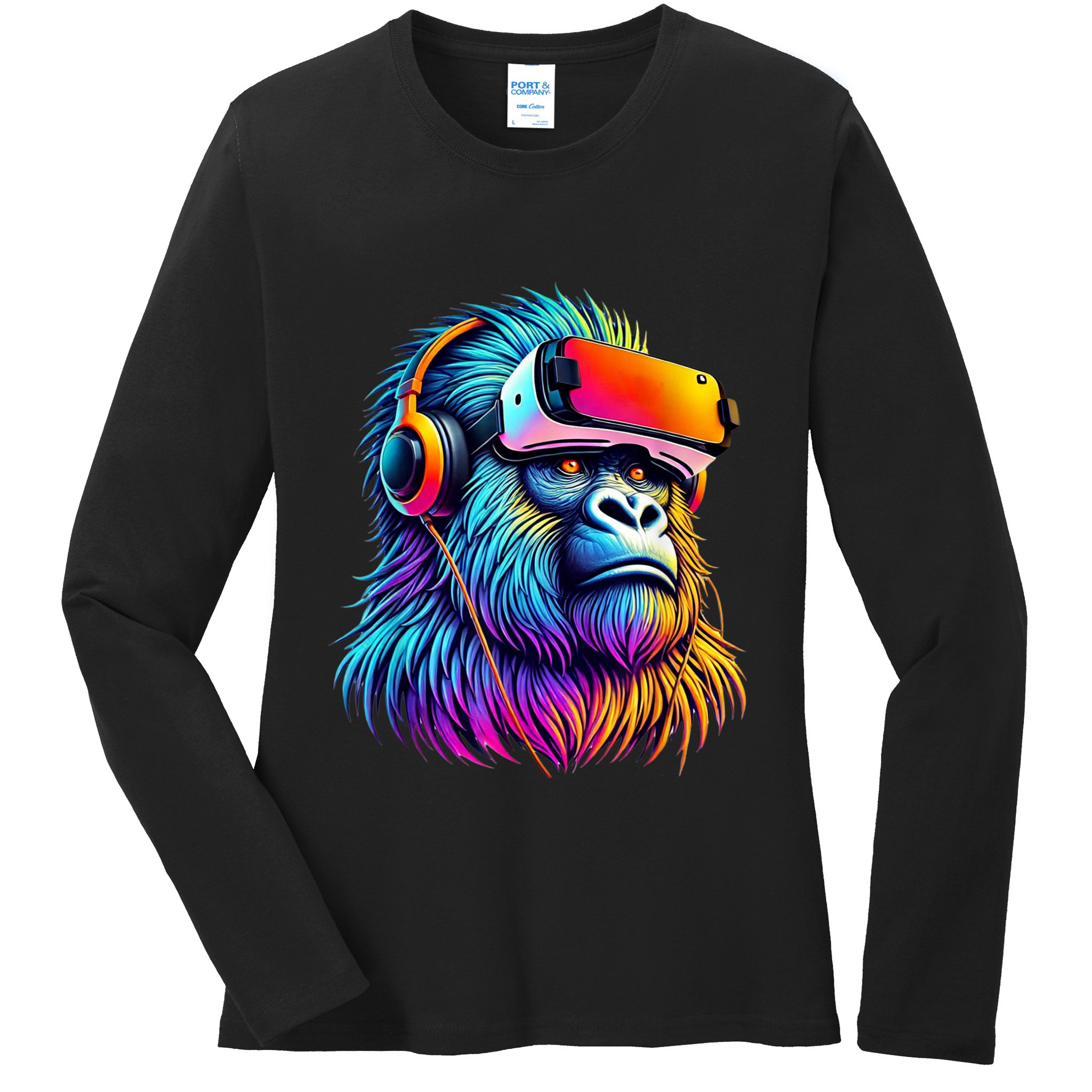 Funny Gorilla Vr Playing Tag Adult Gorilla Vr Gamer Ladies Long Sleeve Shirt