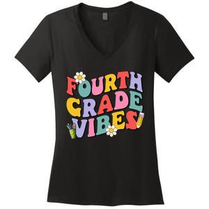 Fourth Grade Vibes Back To School 4th Grade Team 1st Day Women's V-Neck T-Shirt