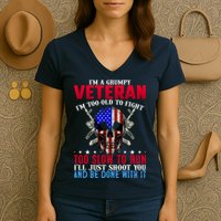 Funny Grumpy Veteran Too Old To Fight To Slow To Run Women's V-Neck T-Shirt