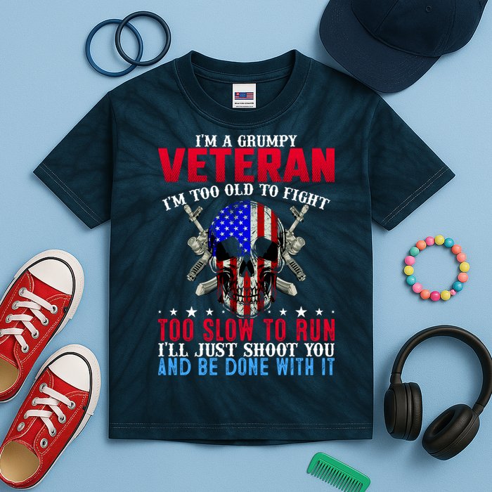 Funny Grumpy Veteran Too Old To Fight To Slow To Run Kids Tie-Dye T-Shirt