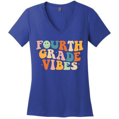 Fourth Grade Vibes 4Th Grade Groovy Retro 1St Day Of School Gift Women's V-Neck T-Shirt
