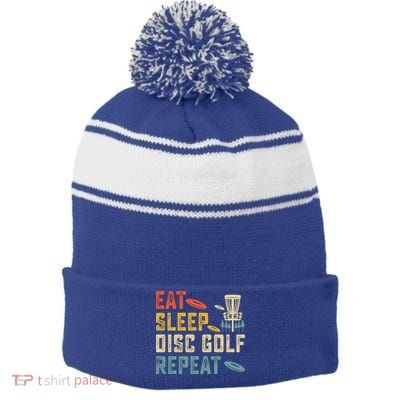 Frisbee Golf Vintage Eat Sleep Disc Golf Repeat Stripe Pom Pom Beanie